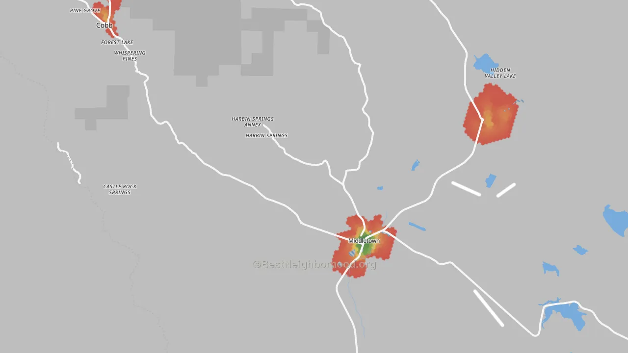 Walk Grade map of 95461, CA, walkable areas in green and car-dependent areas in red