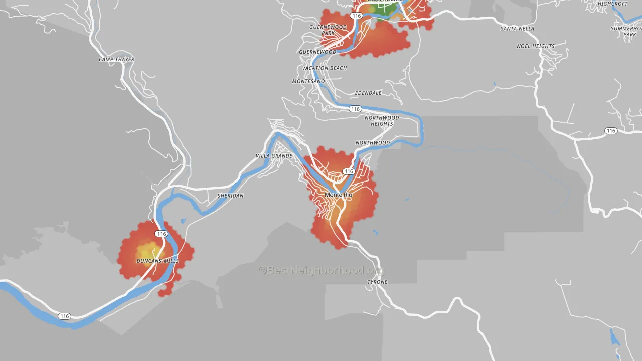 Walk Grade map of 95462, CA, walkable areas in green and car-dependent areas in red