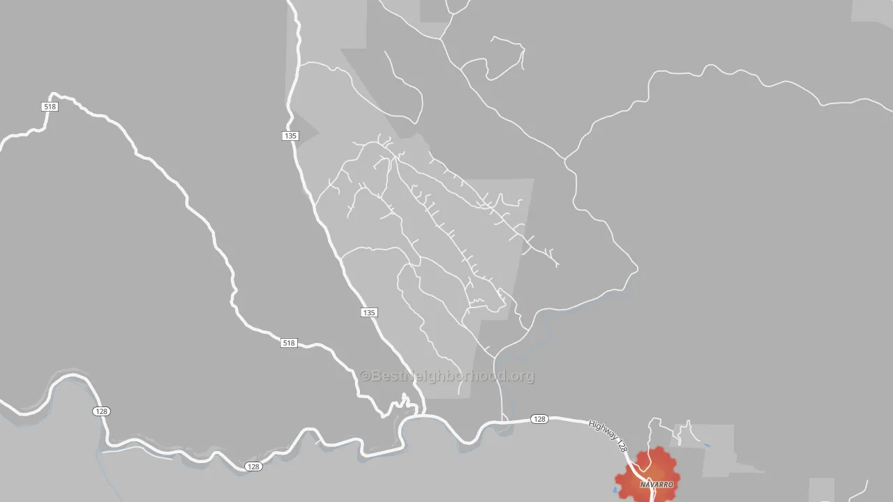 Walk Grade map of 95463, CA, walkable areas in green and car-dependent areas in red