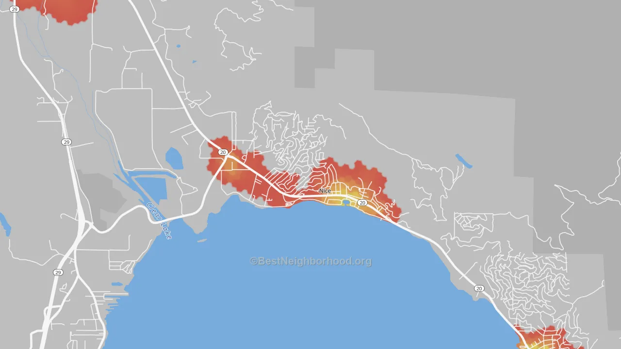 Walk Grade map of 95464, CA, walkable areas in green and car-dependent areas in red