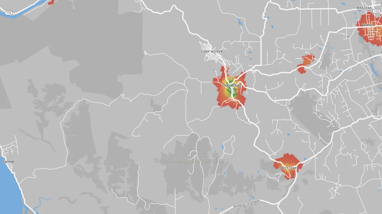 Walk Grade map of 95465, CA, walkable areas in green and car-dependent areas in red