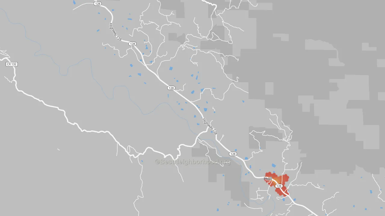 Walk Grade map of 95466, CA, walkable areas in green and car-dependent areas in red