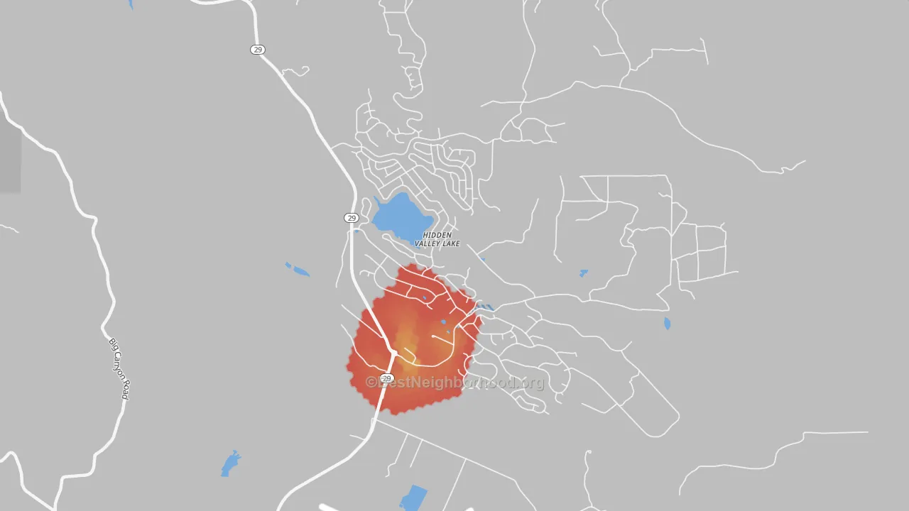 Walk Grade map of 95467, CA, walkable areas in green and car-dependent areas in red