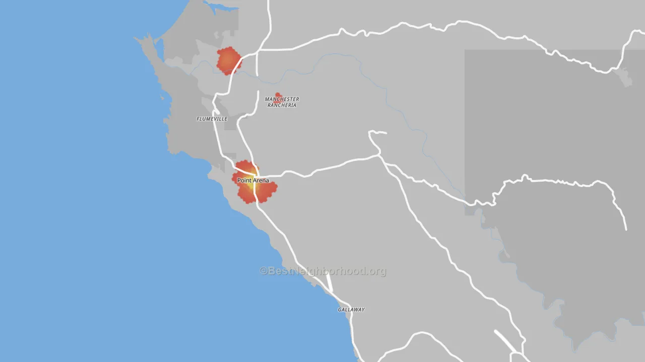 Walk Grade map of 95468, CA, walkable areas in green and car-dependent areas in red