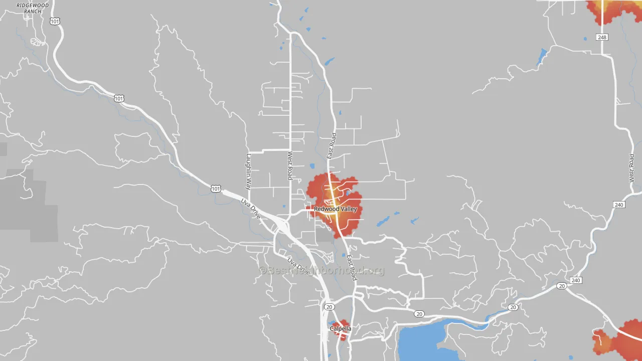 Walk Grade map of 95470, CA, walkable areas in green and car-dependent areas in red