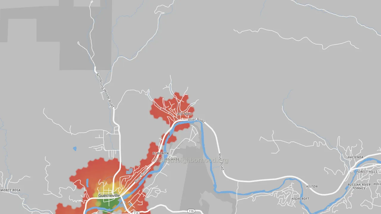 Walk Grade map of 95471, CA, walkable areas in green and car-dependent areas in red