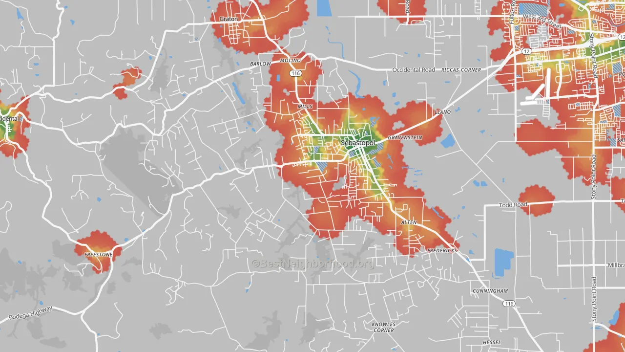 Walk Grade map of 95472, CA, walkable areas in green and car-dependent areas in red