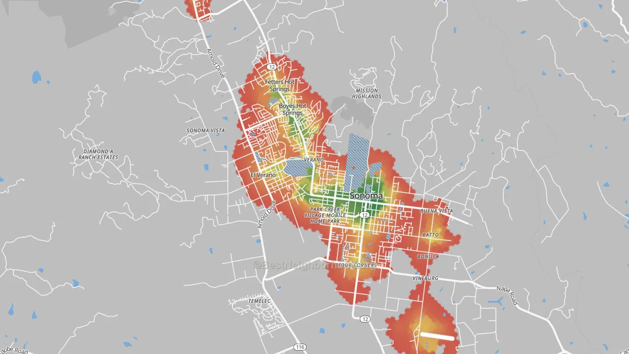 Walk Grade map of 95476, CA, walkable areas in green and car-dependent areas in red