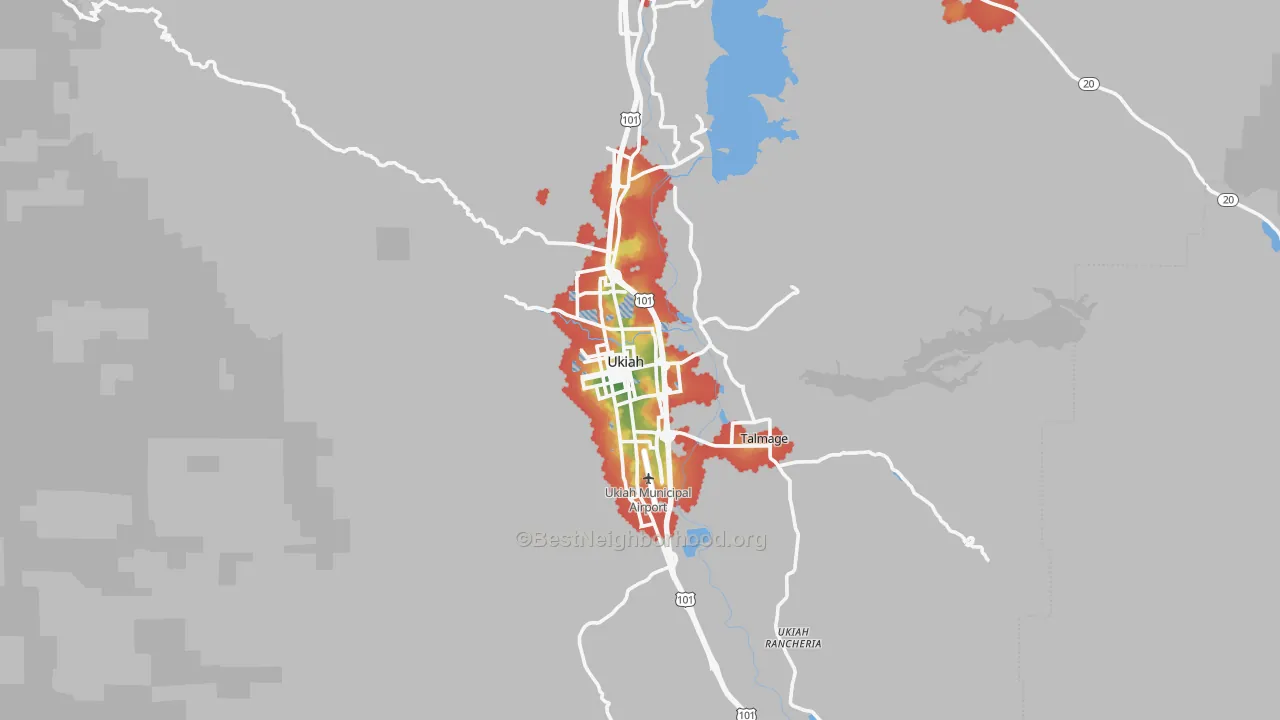 Walk Grade map of 95482, CA, walkable areas in green and car-dependent areas in red
