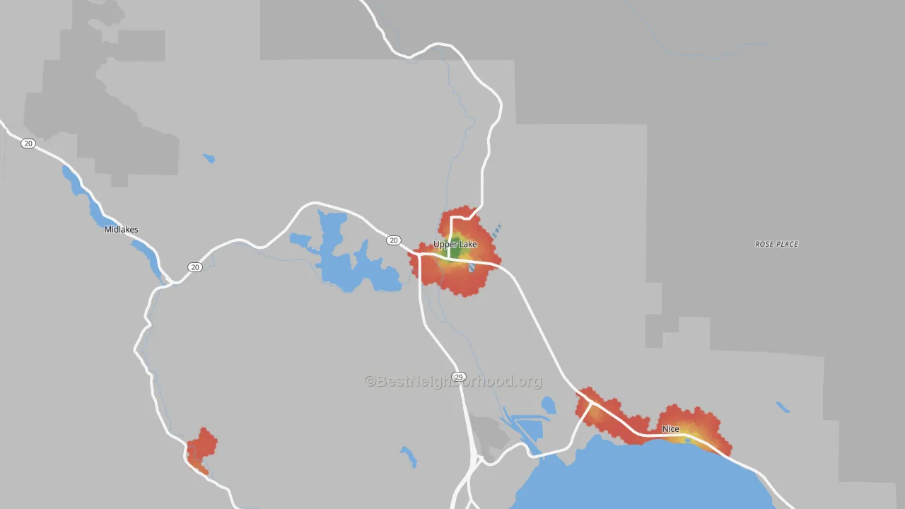Walk Grade map of 95485, CA, walkable areas in green and car-dependent areas in red