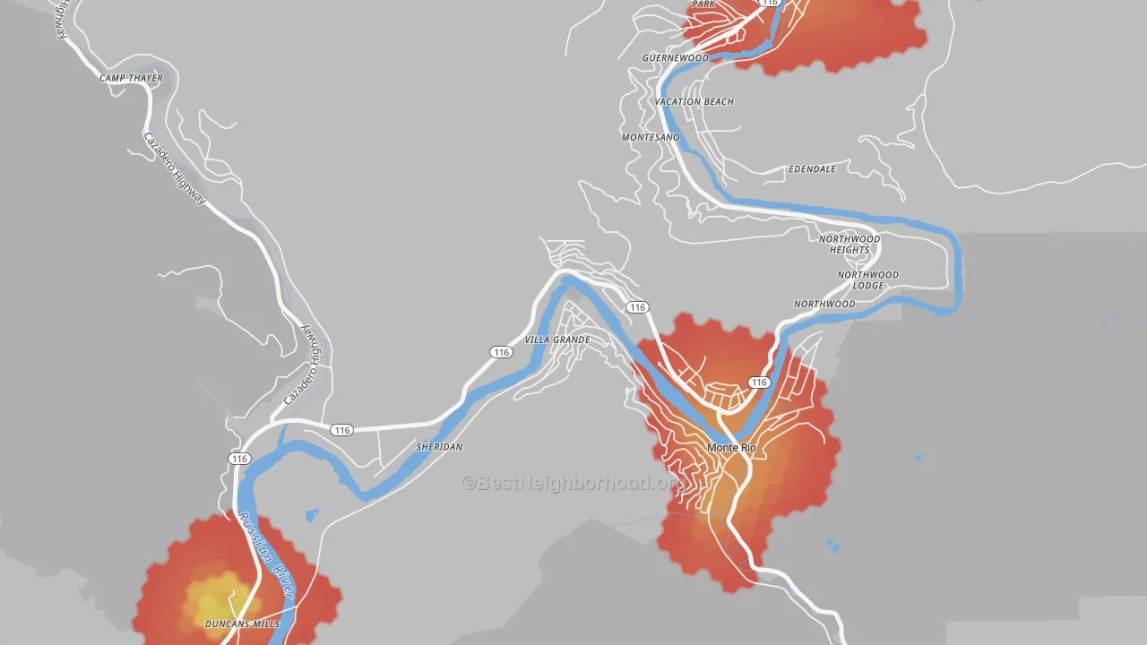 Walk Grade map of 95486, CA, walkable areas in green and car-dependent areas in red