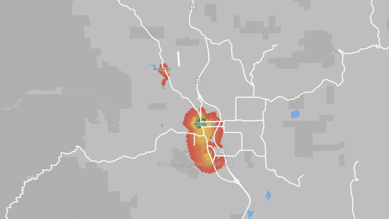Walk Grade map of 95490, CA, walkable areas in green and car-dependent areas in red