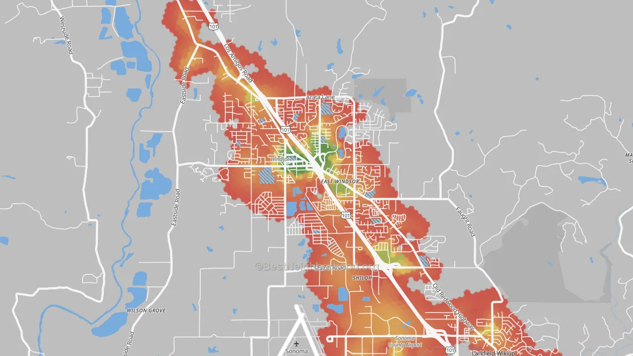 Walk Grade map of 95492, CA, walkable areas in green and car-dependent areas in red
