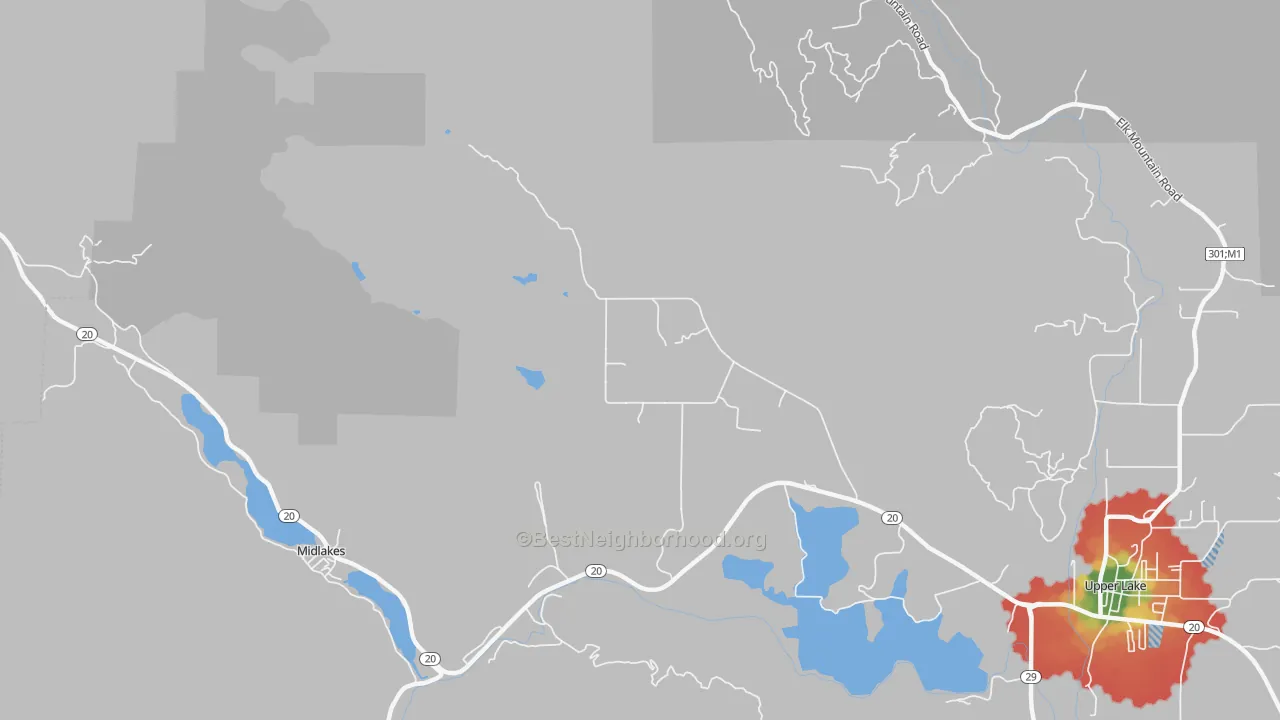 Walk Grade map of 95493, CA, walkable areas in green and car-dependent areas in red