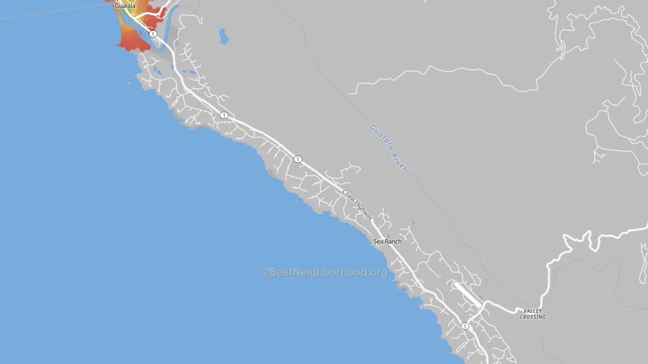 Walk Grade map of 95497, CA, walkable areas in green and car-dependent areas in red