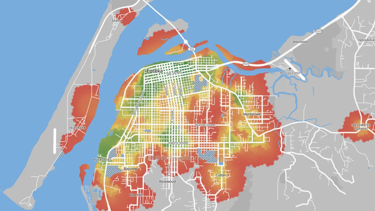 Walk Grade map of 95501, CA, walkable areas in green and car-dependent areas in red