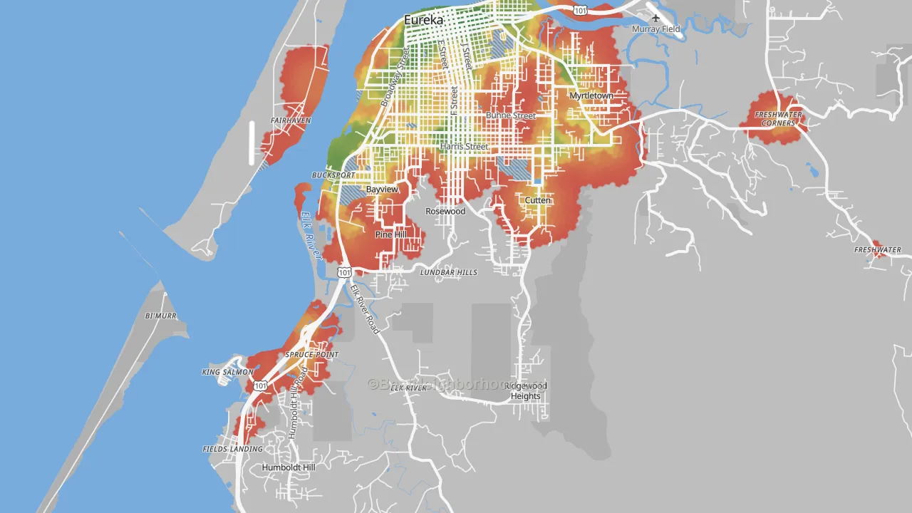 Walk Grade map of 95503, CA, walkable areas in green and car-dependent areas in red