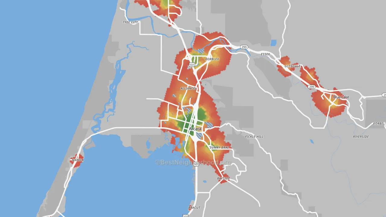 Walk Grade map of 95521, CA, walkable areas in green and car-dependent areas in red