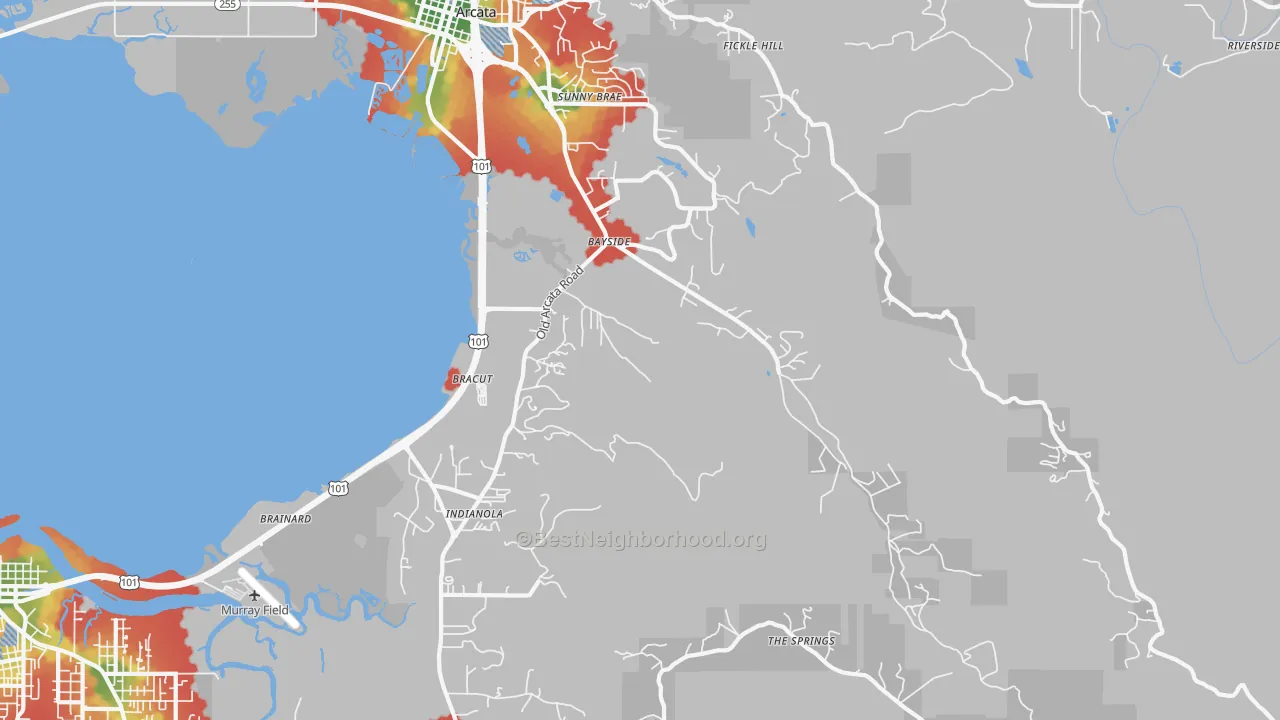 Walk Grade map of 95524, CA, walkable areas in green and car-dependent areas in red