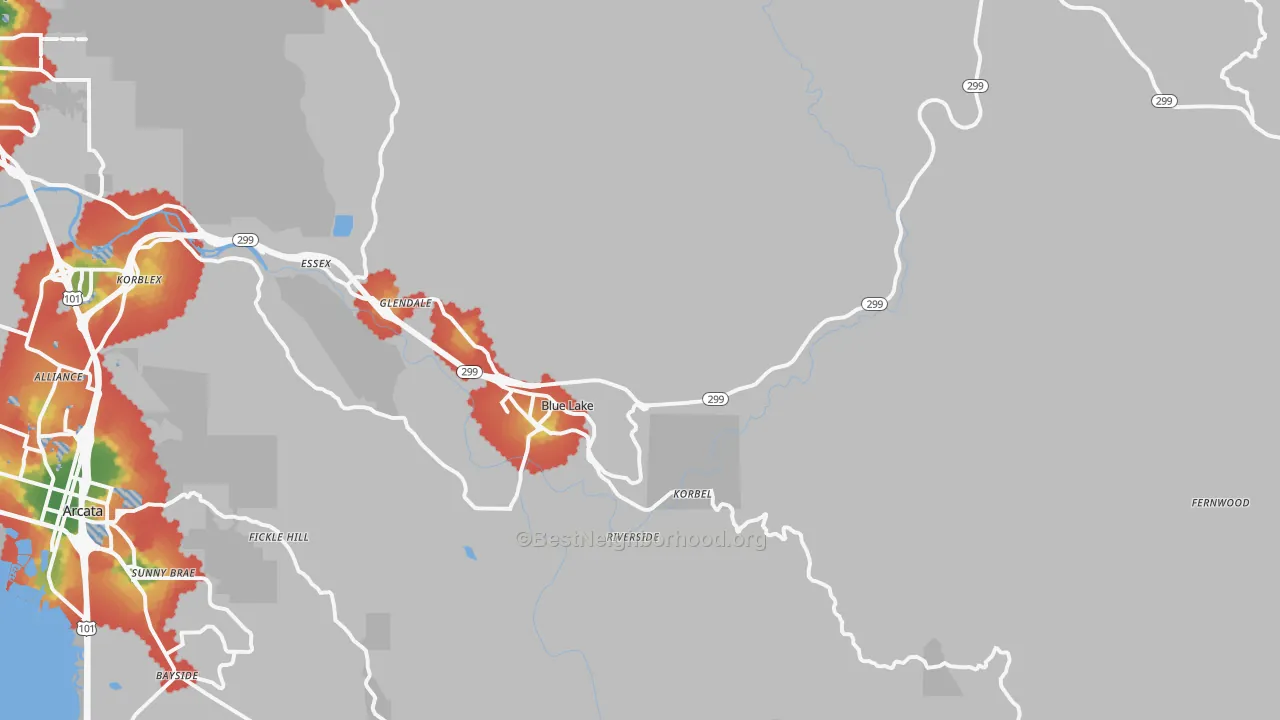 Walk Grade map of 95525, CA, walkable areas in green and car-dependent areas in red