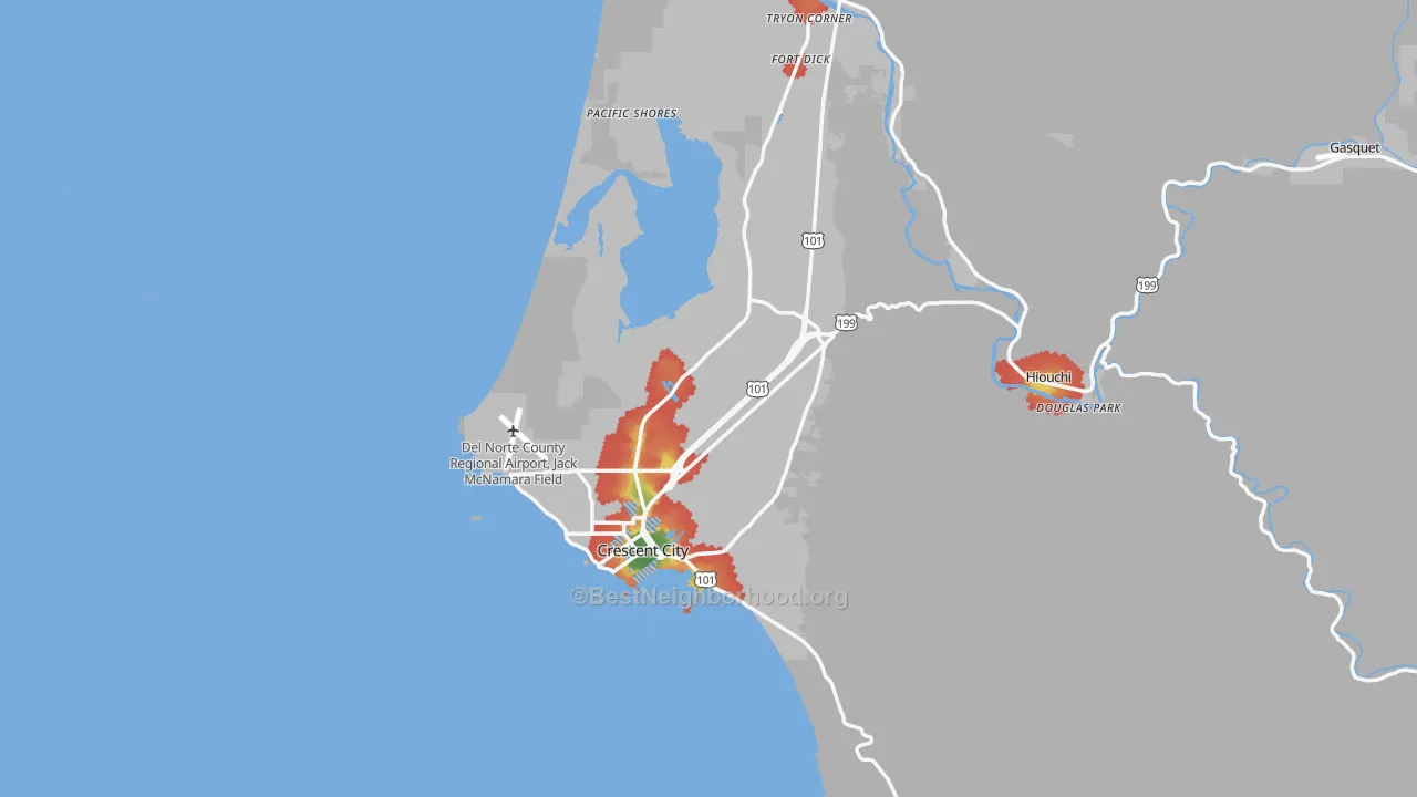 Walk Grade map of 95531, CA, walkable areas in green and car-dependent areas in red