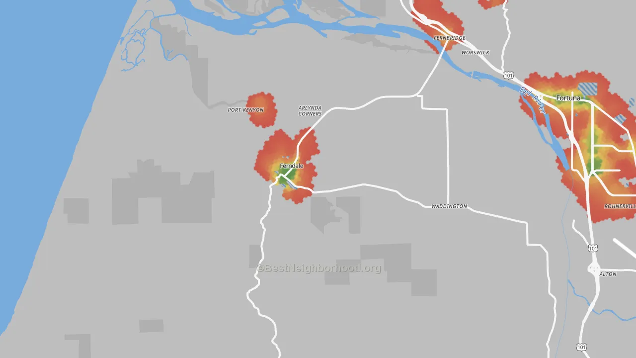 Walk Grade map of 95536, CA, walkable areas in green and car-dependent areas in red