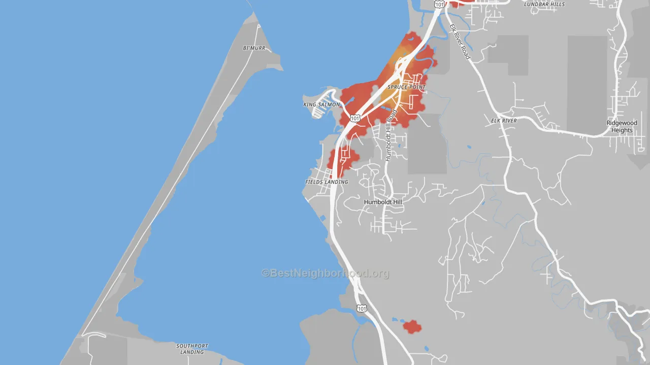 Walk Grade map of 95537, CA, walkable areas in green and car-dependent areas in red