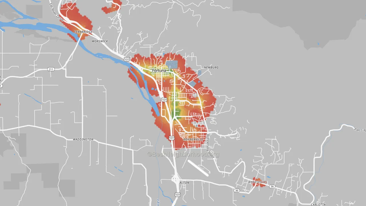 Walk Grade map of 95540, CA, walkable areas in green and car-dependent areas in red