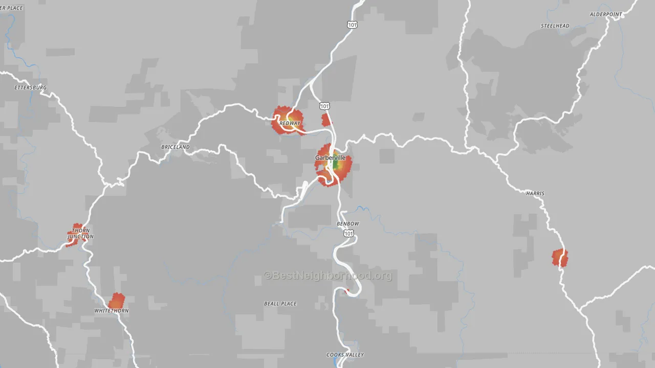 Walk Grade map of 95542, CA, walkable areas in green and car-dependent areas in red
