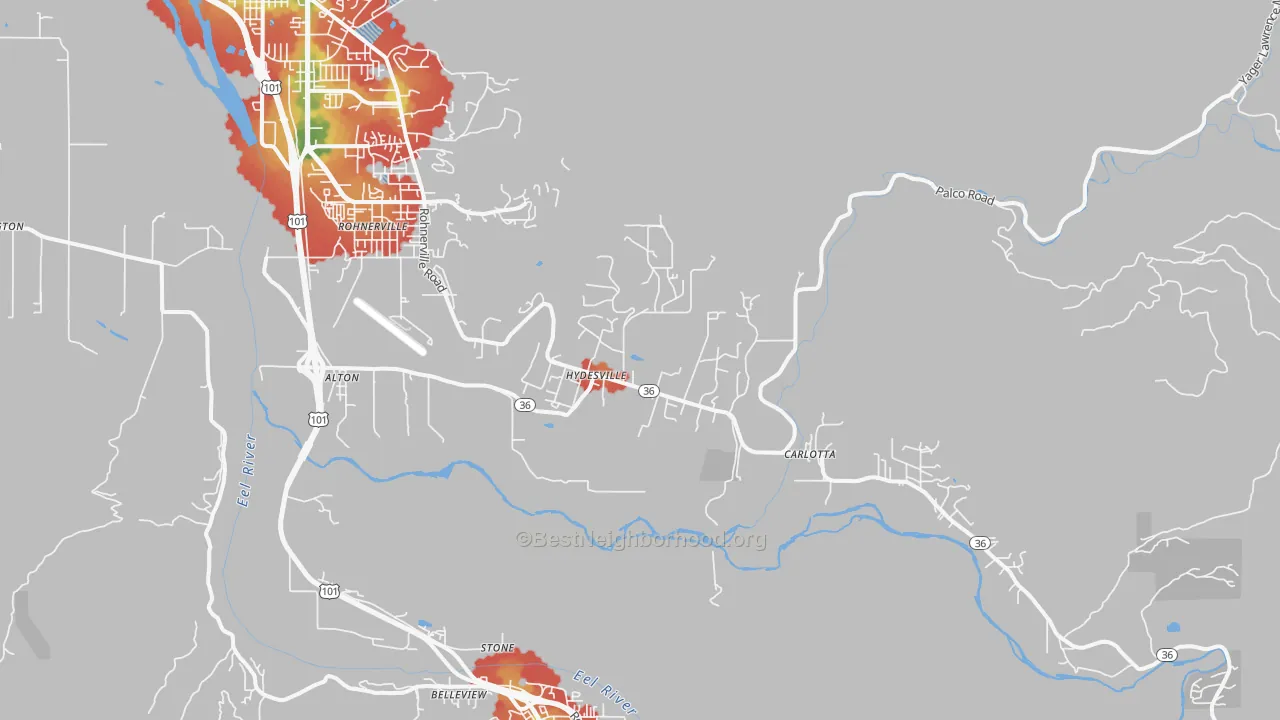 Walk Grade map of 95547, CA, walkable areas in green and car-dependent areas in red