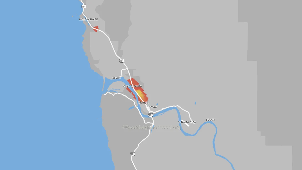 Walk Grade map of 95548, CA, walkable areas in green and car-dependent areas in red