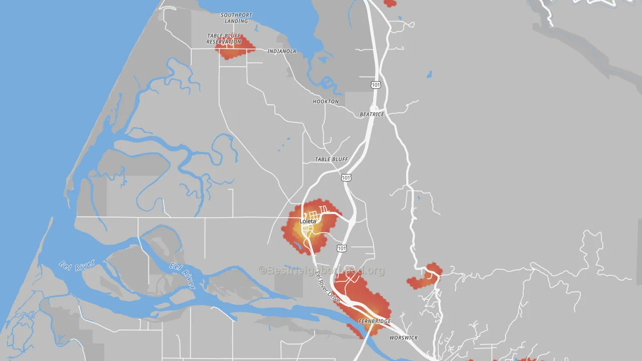Walk Grade map of 95551, CA, walkable areas in green and car-dependent areas in red