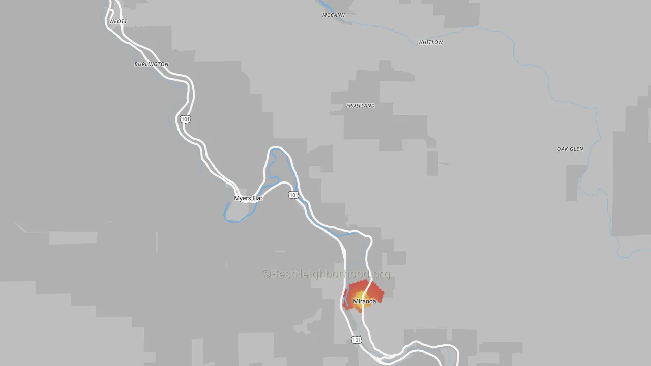Walk Grade map of 95554, CA, walkable areas in green and car-dependent areas in red