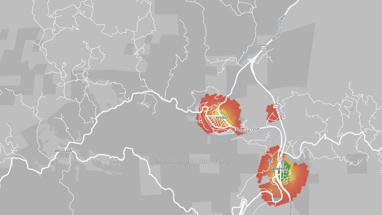 Walk Grade map of 95560, CA, walkable areas in green and car-dependent areas in red