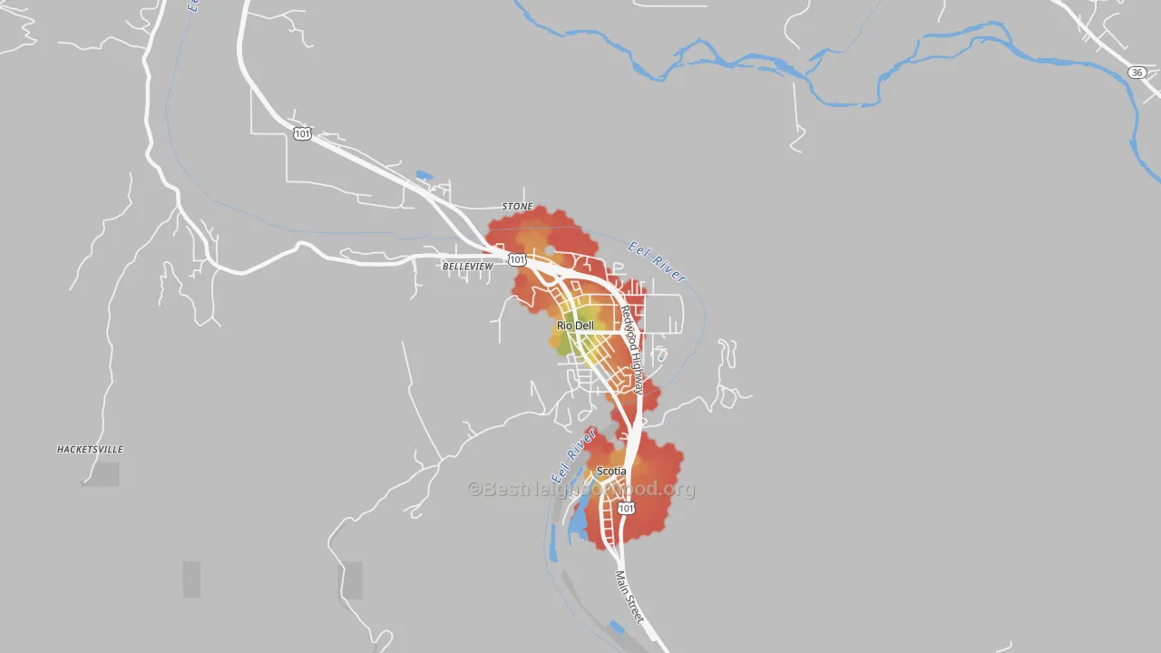 Walk Grade map of 95562, CA, walkable areas in green and car-dependent areas in red
