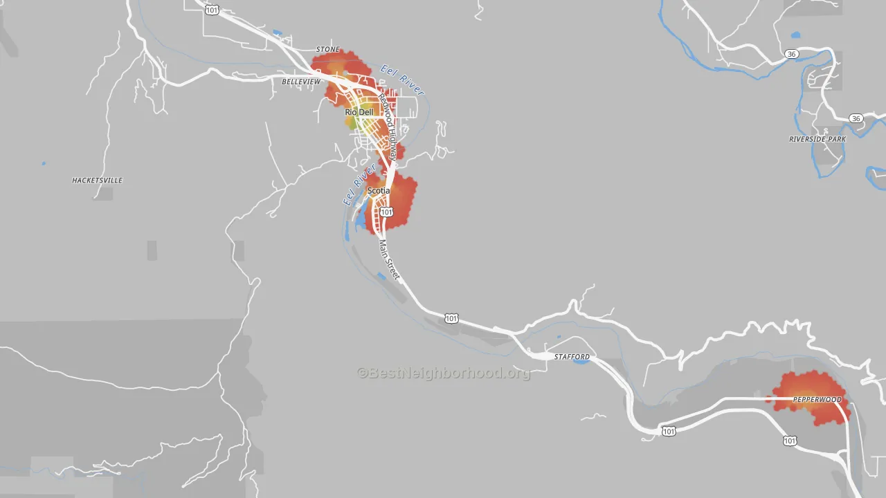 Walk Grade map of 95565, CA, walkable areas in green and car-dependent areas in red