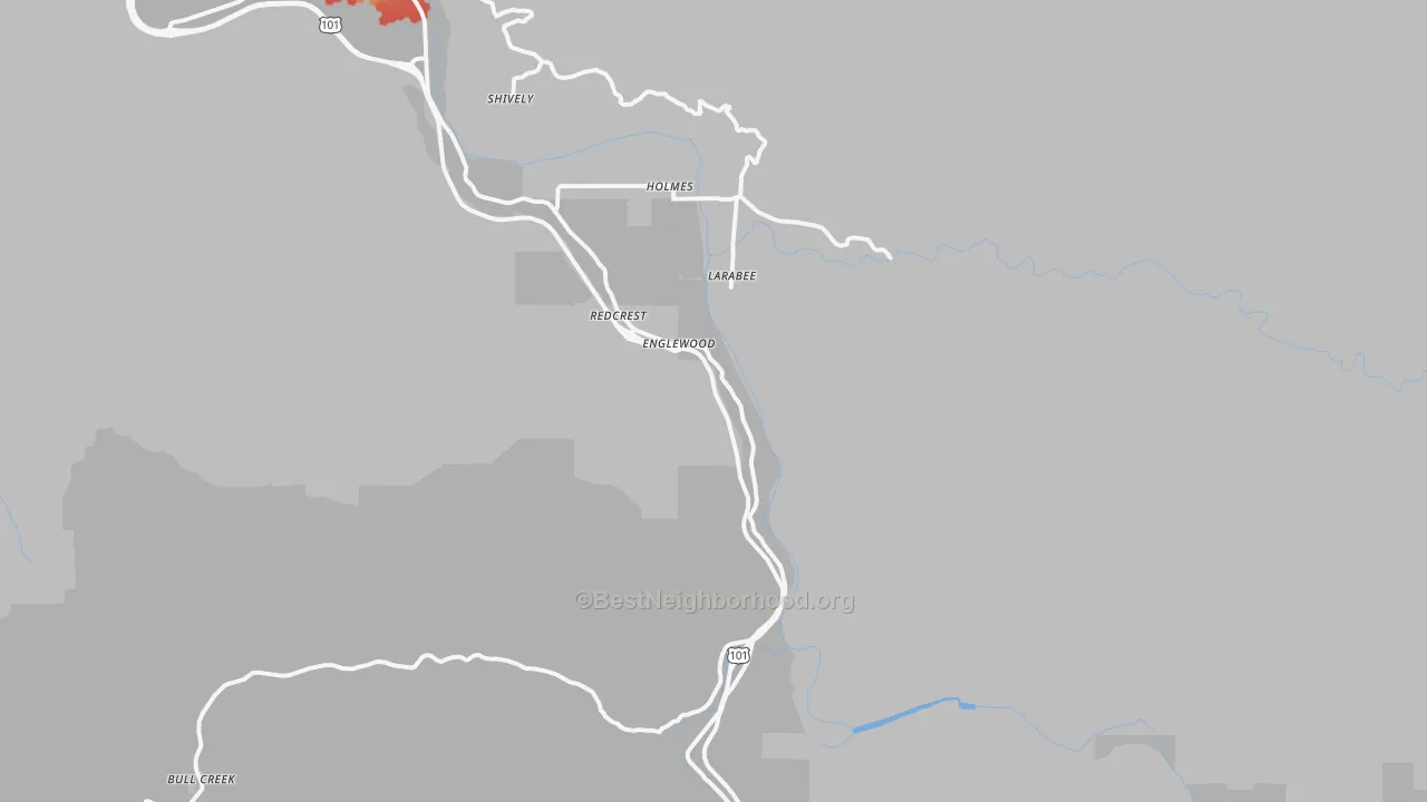 Walk Grade map of 95569, CA, walkable areas in green and car-dependent areas in red