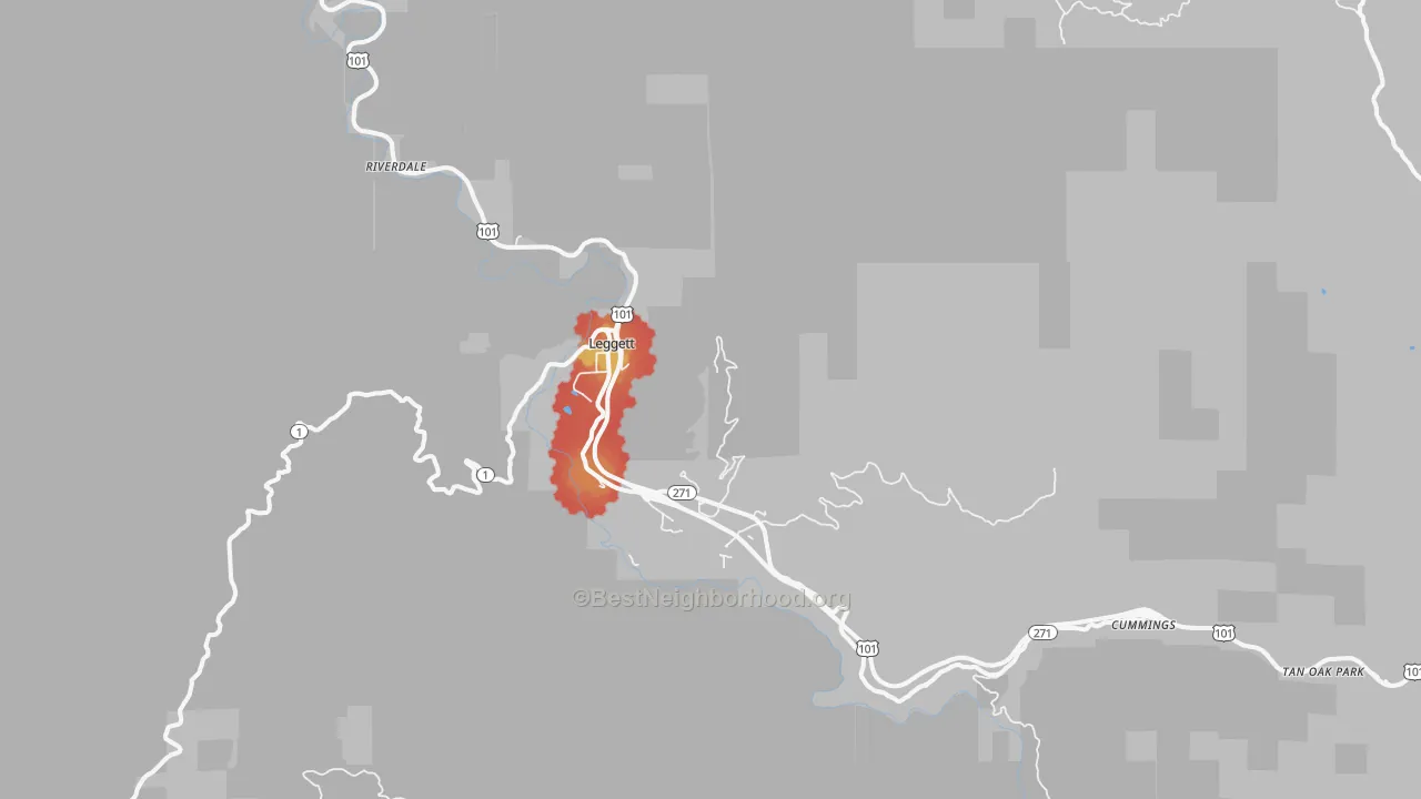 Walk Grade map of 95585, CA, walkable areas in green and car-dependent areas in red