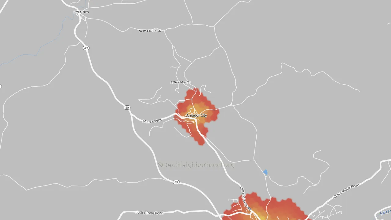 Walk Grade map of 95601, CA, walkable areas in green and car-dependent areas in red