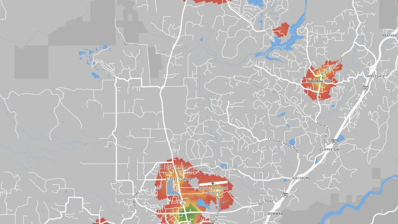 Walk Grade map of 95602, CA, walkable areas in green and car-dependent areas in red