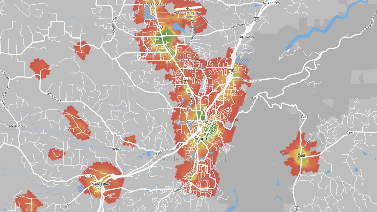 Walk Grade map of 95603, CA, walkable areas in green and car-dependent areas in red