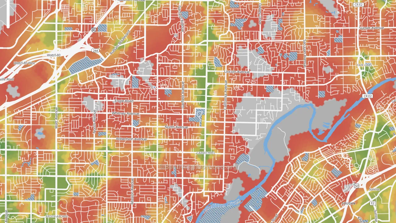 Walk Grade map of 95608, CA, walkable areas in green and car-dependent areas in red