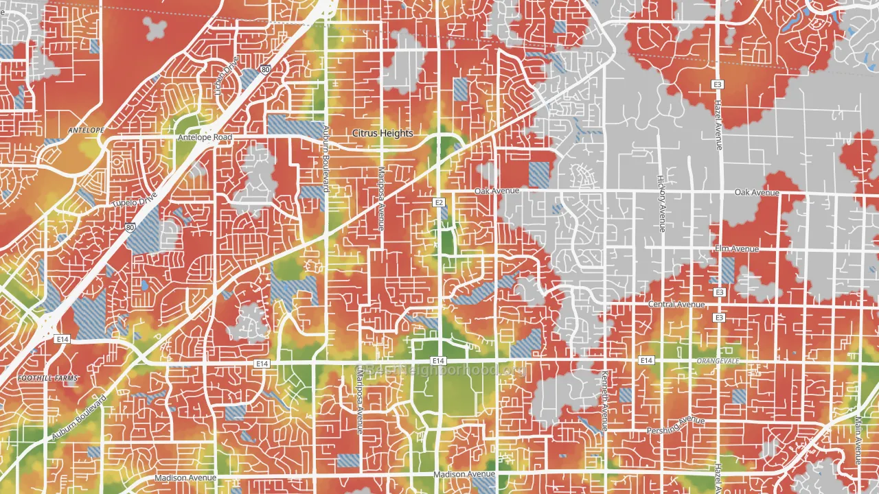 Walk Grade map of 95610, CA, walkable areas in green and car-dependent areas in red