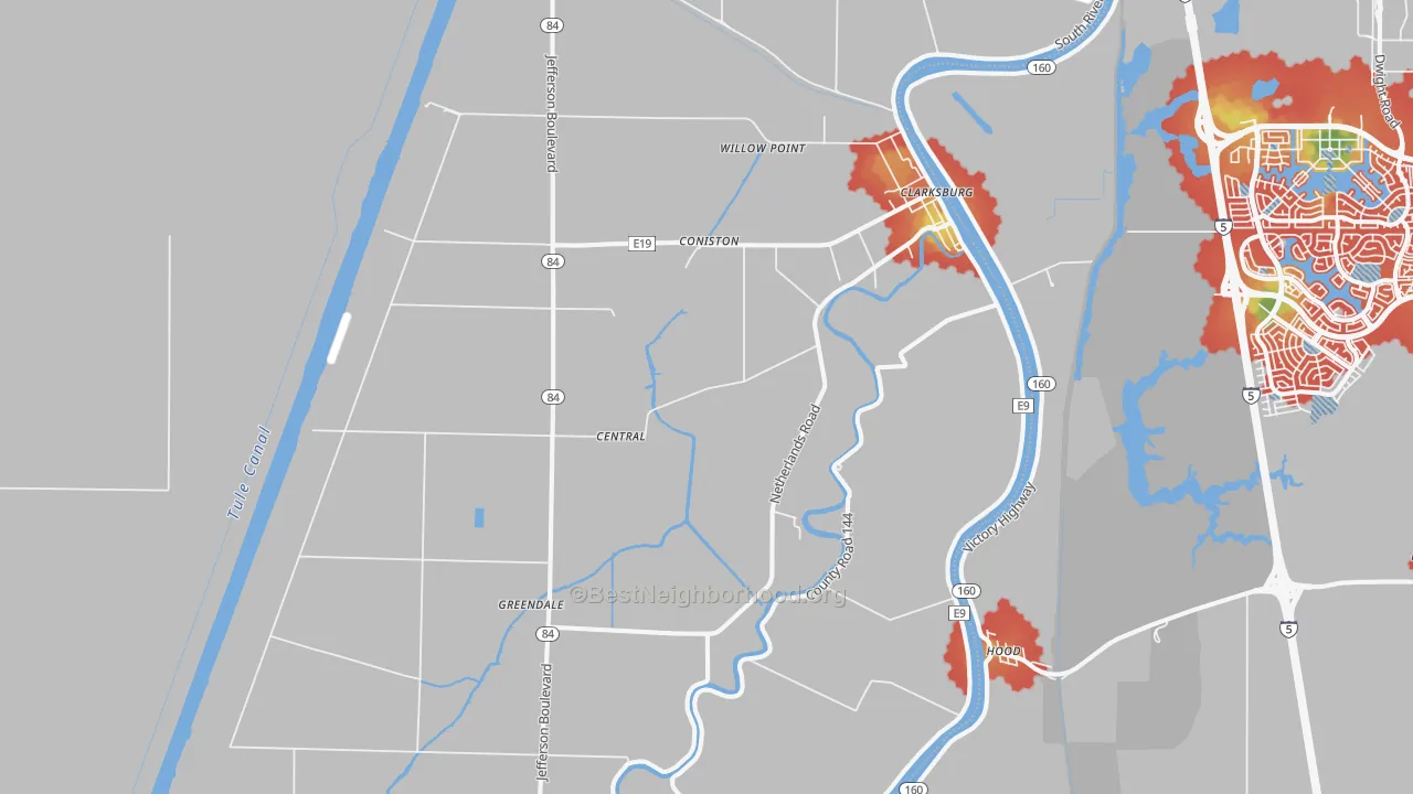 Walk Grade map of 95612, CA, walkable areas in green and car-dependent areas in red
