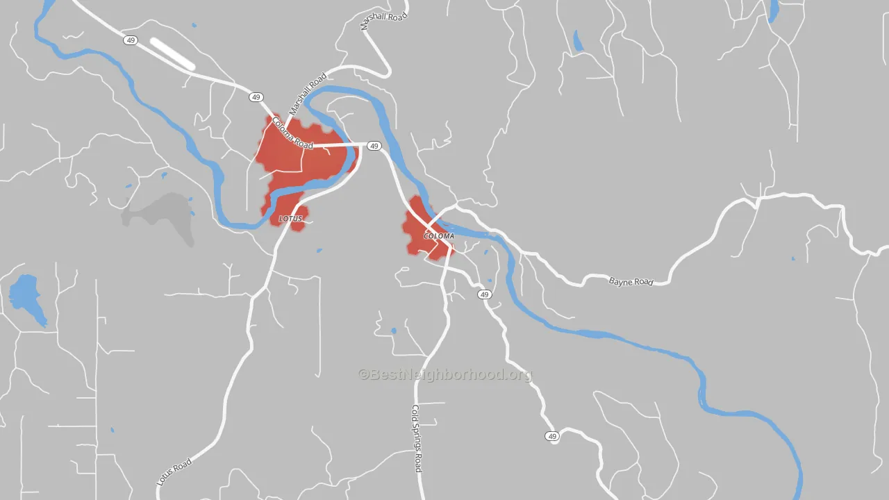 Walk Grade map of 95613, CA, walkable areas in green and car-dependent areas in red