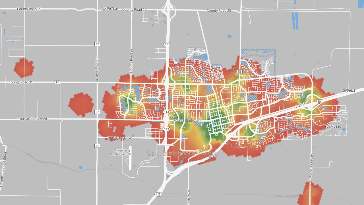Walk Grade map of 95616, CA, walkable areas in green and car-dependent areas in red