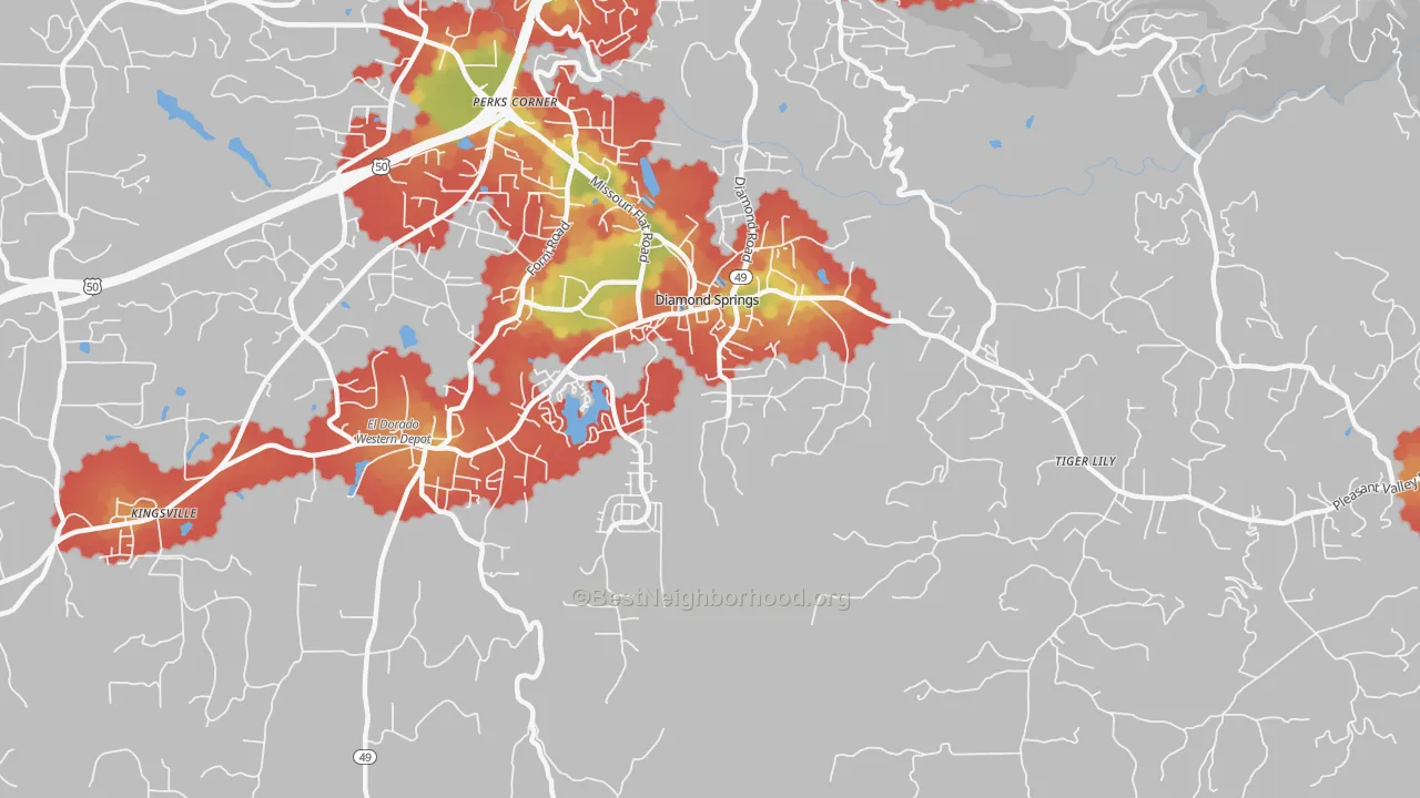Walk Grade map of 95619, CA, walkable areas in green and car-dependent areas in red