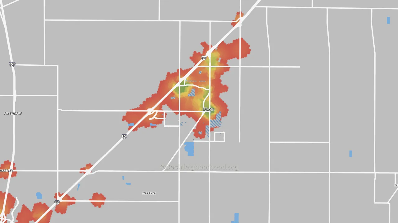 Walk Grade map of 95620, CA, walkable areas in green and car-dependent areas in red