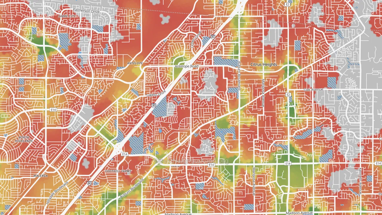 Walk Grade map of 95621, CA, walkable areas in green and car-dependent areas in red