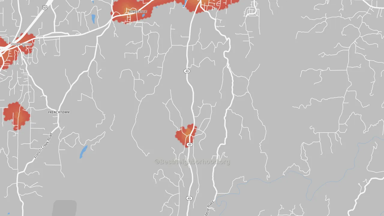 Walk Grade map of 95623, CA, walkable areas in green and car-dependent areas in red